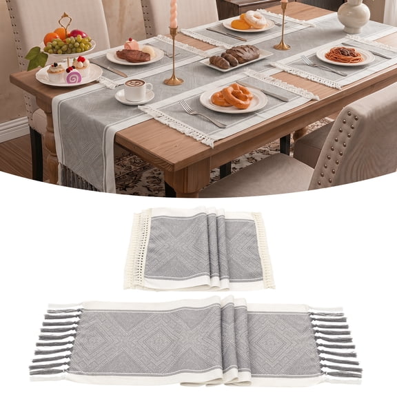 MeyJey Table Runner and Placemats Set of 4, Washable Fabric Rectangle Dining Table Mats with Tassels for Dining Tables, Kitchen, Gray