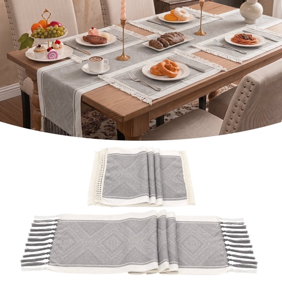 MeyJey Table Runner and Placemats Set of 4, Washable Fabric Rectangle Dining Table Mats with Tassels for Dining Tables, Kitchen, Gray