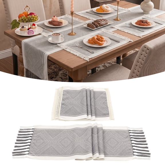 MeyJey Table Runner and Placemats Set of 4, Washable Fabric Rectangle Dining Table Mats with Tassels for Dining Tables, Kitchen, Gray