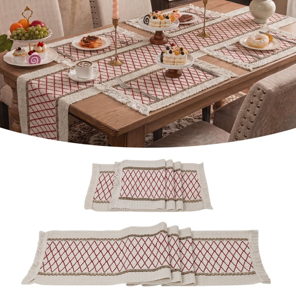 MeyJey Table Runner and Placemats Set of 4, Washable Fabric Rectangle Dining Table Mats with Tassels for Dining Tables, Kitchen, Red/Beige
