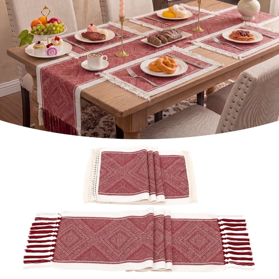 MeyJey Table Runner and Placemats Set of 4, Washable Fabric Rectangle Dining Table Mats with Tassels for Dining Tables, Kitchen, Red