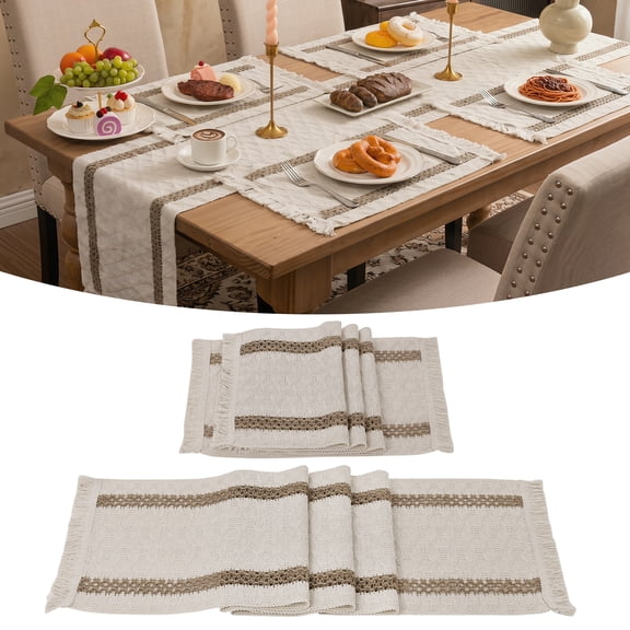 MeyJey Table Runner and Placemats Set of 4, Washable Fabric Rectangle Dining Table Mats with Tassels for Dining Tables, Kitchen, khaki