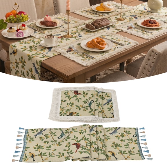 MeyJey 5 Pcs Table Runners and Rectangle Placemats Set, Jacquard Woven Table Runner with Tassels 4 Matching Placemats, Vintage French Style Dining Table Decor for Kitchen, Dining Room, Holidays