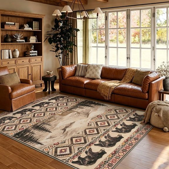 Meyjey 5’x7’ Area Rug for Living Room, Non-Slip Rustic Cabin Machine Washable Lodge Bear Rug, Print Pattern Southwestern Rug for Living Room Bedroom