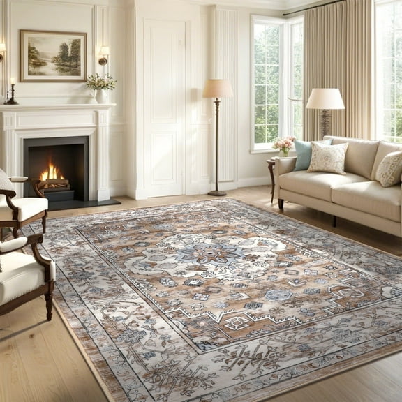 MeyJey 5'x7' Area Rug for Living Room Non-Slip Machine Washable Rugs Vintage Indoor Carpet Distressed Foldable Large Rug for Living Room Bedroom Dining Kitchen Hallway Nursery, Brown