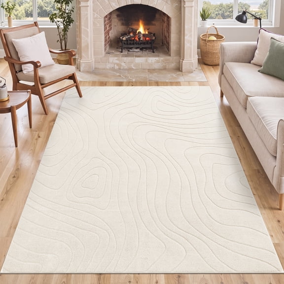 MeyJey 5'x7' Geometric Line Area Rug, High-Low Pile Non Slip Washable Rugs, Morden Indoor Floor Carpet for Living Room Bedroom Office Dining Room, Beige