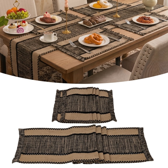 MeyJey Table Runner and Placemats Set of 4, Washable Fabric Rectangle Dining Table Mats with Tassels for Dining Tables, Kitchen, Black/Beige