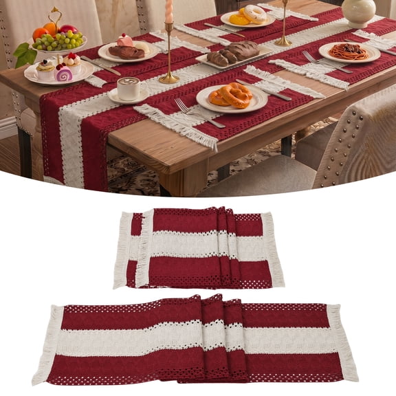 MeyJey Table Runner and Placemats Set of 4, Washable Fabric Rectangle Dining Table Mats with Tassels for Dining Tables, Kitchen, Red