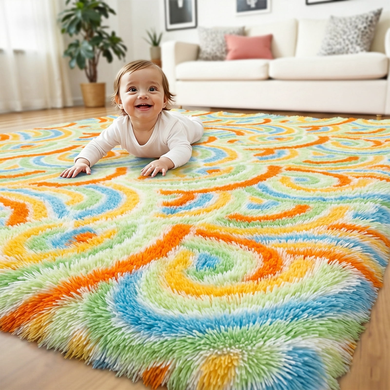 MeyJey 6'x 9' Shag Area Rug, Soft Fluffy Area Rugs for Kids Room Living Room Bedroom Decor Carpet, Green