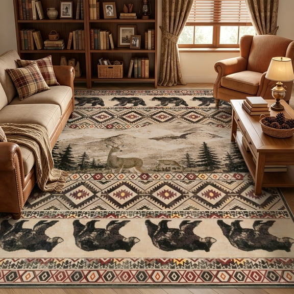 MeyJey 8’x10’ Area Rug for Living Room, Non-Slip Rustic Cabin Machine Washable Lodge Bear Rug, Print Pattern Southwestern Rug for Living Room Bedroom