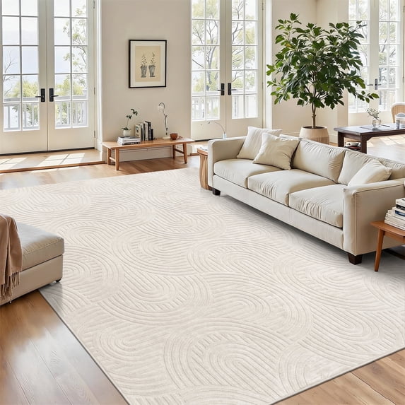 MeyJey 8’x10’ Area Rugs for Living Room, Non Slip Jacquard Textured Modern Rugs Soft Geometric Rug for Bedroom Dining Room Office, Beige