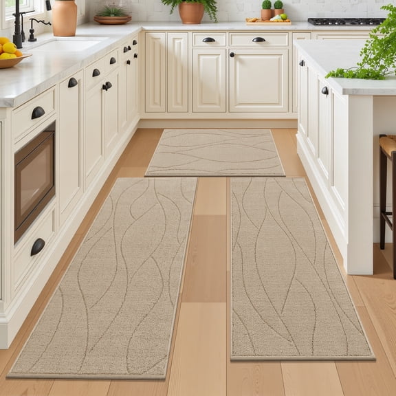 MeyJey Geometric Lines Kitchen Rugs Sets of 3, Non Slip Washable Kitchen Mats for Floor, Beige