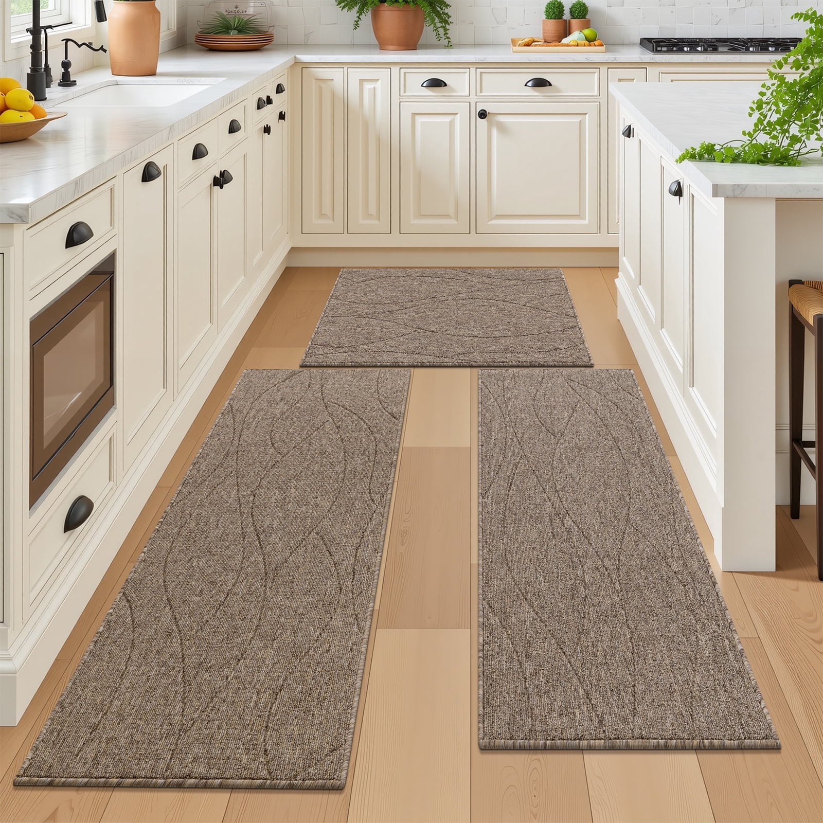 MeyJey Geometric Lines Kitchen Rugs Sets of 3, Non Slip Washable Kitchen Mats for Floor, Brown