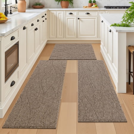 MeyJey Geometric Lines Kitchen Rugs Sets of 3, Non Slip Washable Kitchen Mats for Floor, Brown
