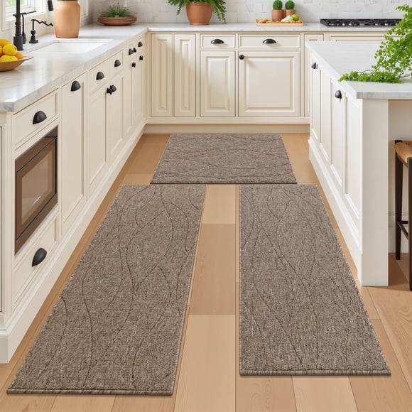 MeyJey Geometric Lines Kitchen Rugs Sets of 3, Non Slip Washable Kitchen Mats for Floor, Brown