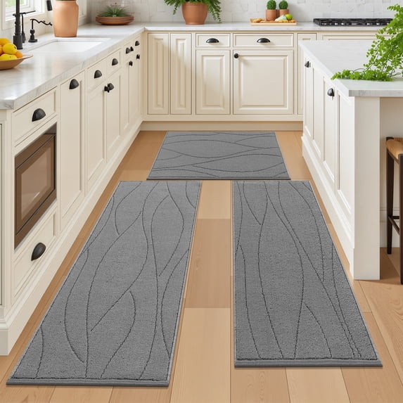MeyJey Abstract Kitchen Rugs Sets of 3, Non Slip Washable Kitchen Mats for Floor, Light Gray