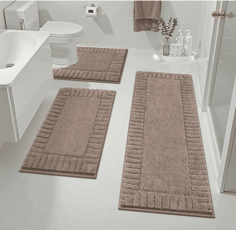 MeyJey Bathroom Rugs Set of 3 Piece, Bath Mats, Microfiber Non Slip Shaggy Ultra Soft Bathroom Runner with U Shaped Contour Toilet Mat for Bathroom, Shower Inside Floor, Brown