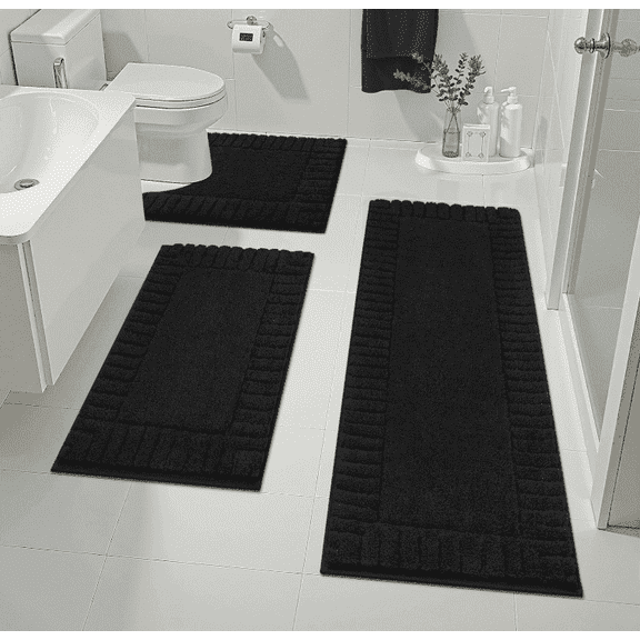 MeyJey Bathroom Rugs Set of 3 Piece, Bath Mats, Microfiber Non Slip Shaggy Ultra Soft Bathroom Runner with U Shaped Contour Toilet Mat for Bathroom, Shower Inside Floor, Black