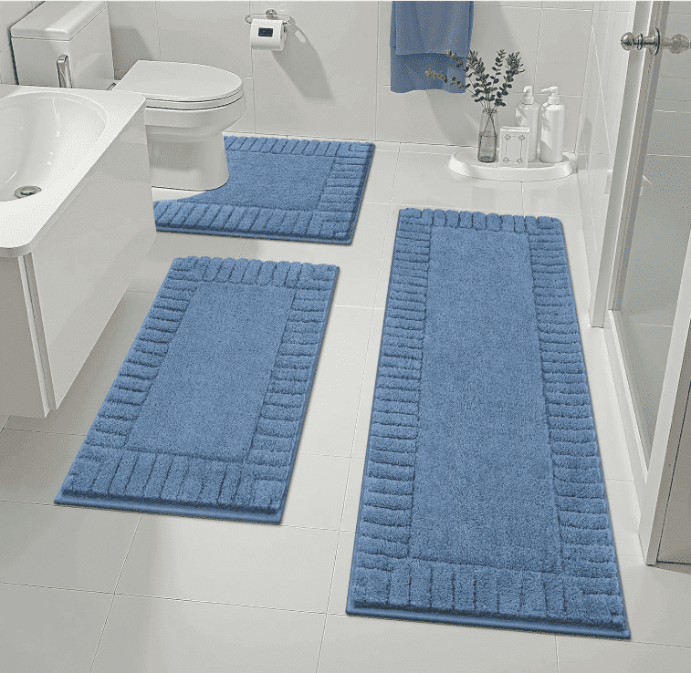 MeyJey Bathroom Rugs Set of 3 Piece, Bath Mats, Microfiber Non Slip Shaggy Ultra Soft Bathroom Runner with U Shaped Contour Toilet Mat for Bathroom, Shower Inside Floor, Blue