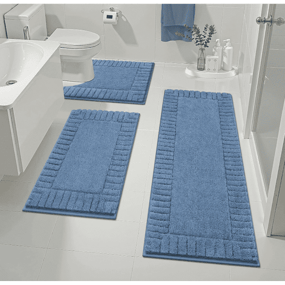 MeyJey Bathroom Rugs Set of 3 Piece, Bath Mats, Microfiber Non Slip Shaggy Ultra Soft Bathroom Runner with U Shaped Contour Toilet Mat for Bathroom, Shower Inside Floor, Blue