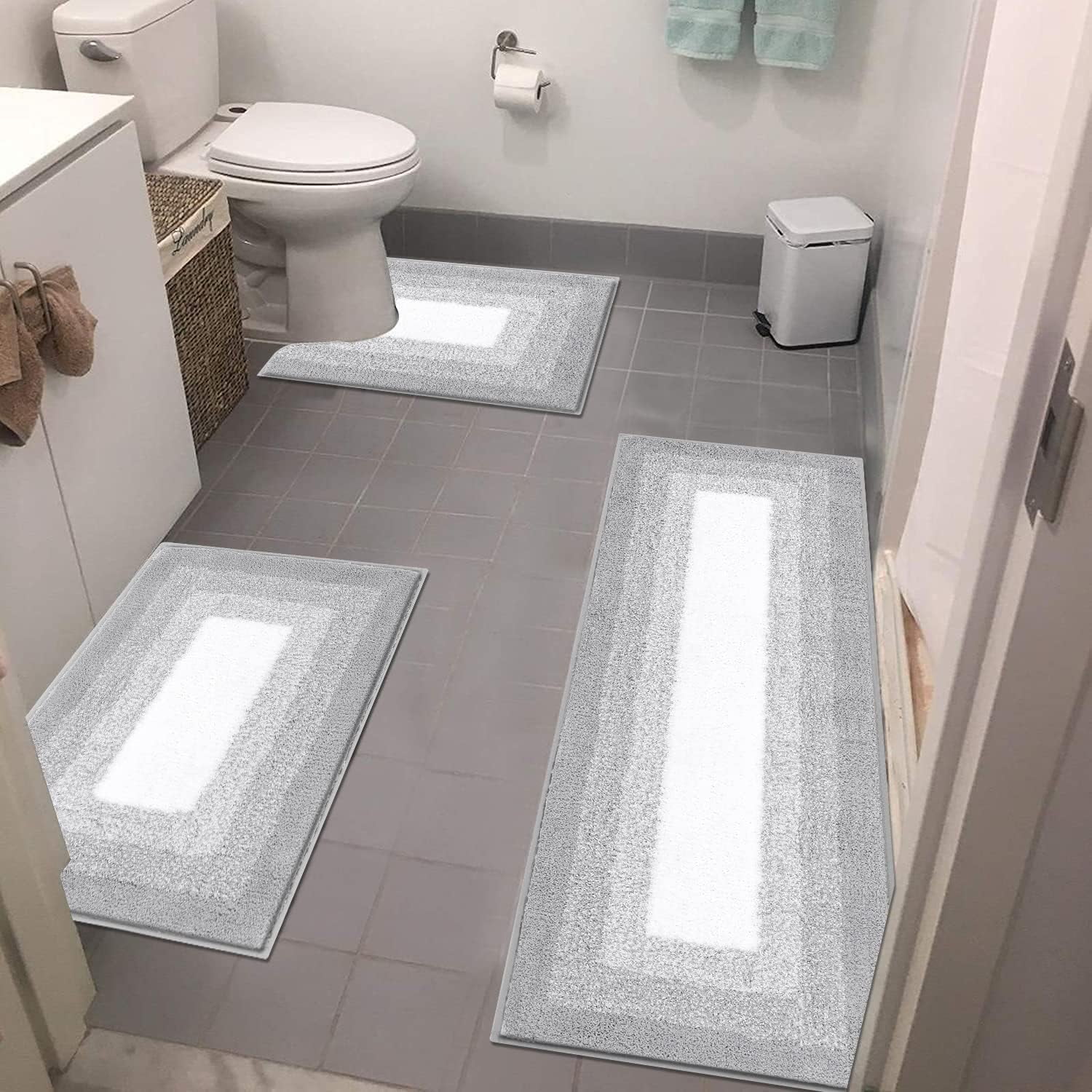 Light Gray 3-Piece Microfiber Non-Slip Bath Rug Set