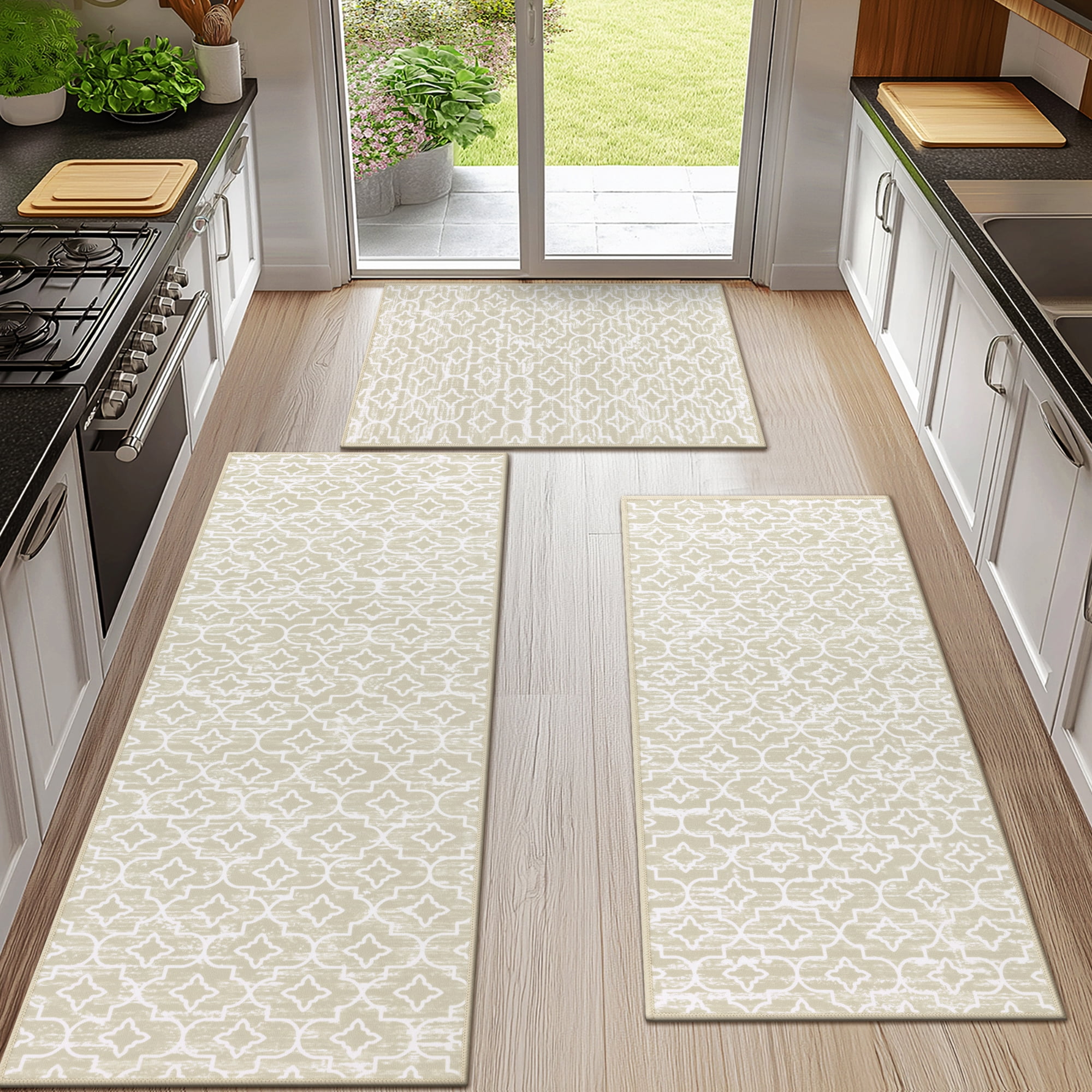 MeyJey Beige Kitchen Rug Set 3 Piece, Non Slip Machine Washable Mats ...