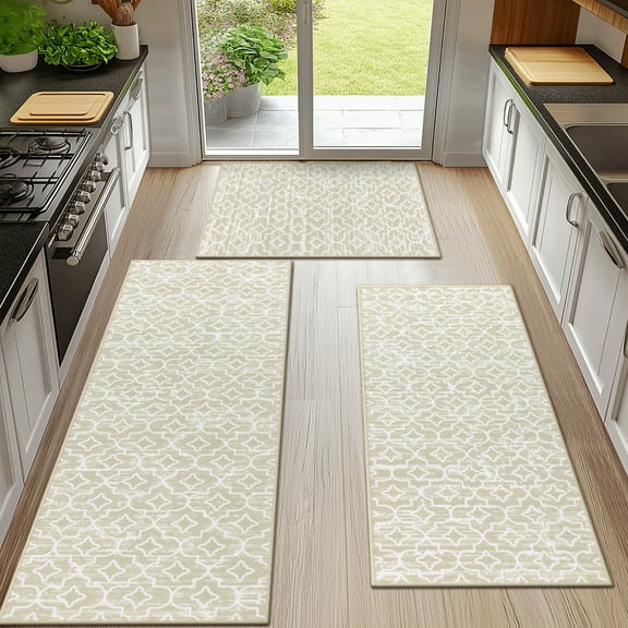 MeyJey Beige Kitchen Rug Set 3 Piece, Non Slip Machine Washable Mats for Home Floor and Living Room