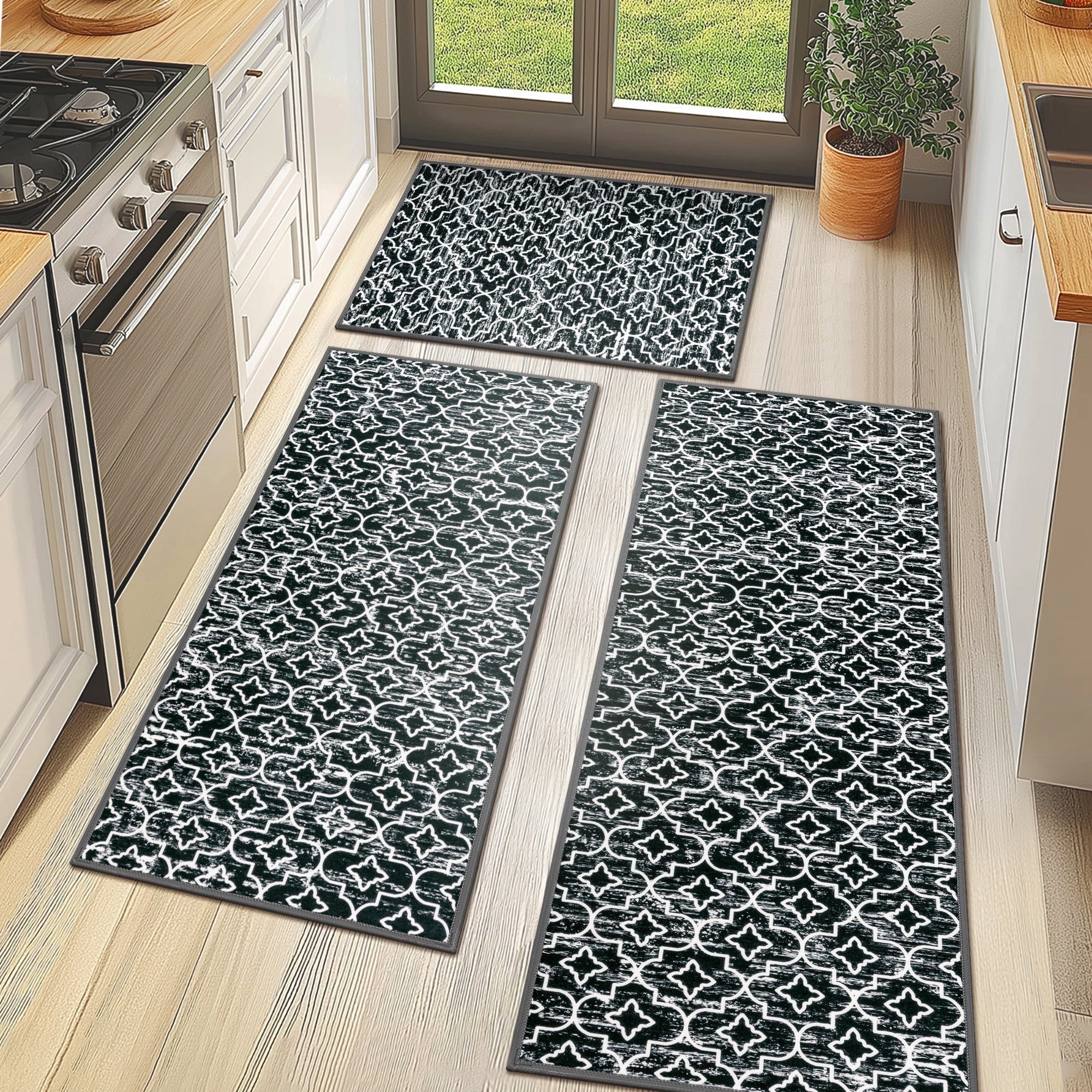 MeyJey Black Kitchen Rug Set 3 Piece, Non Slip Machine Washable Mats for Home Floor and Living Room