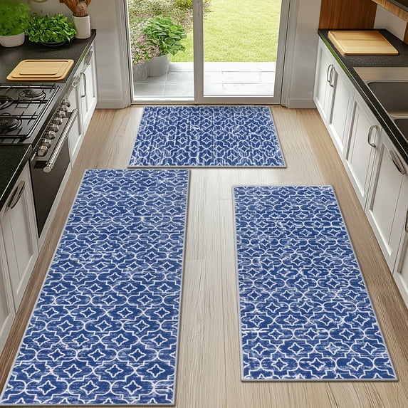 MeyJey Blue Kitchen Rug Set 3 Piece, Non Slip Machine Washable Mats for Home Floor and Living Room