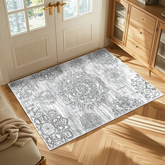 MeyJey Boho Indoor Area Rug 2'x3' Non-Slip Machine Washable Vintage Distressed Floor Carpet for Living Room Bedroom Dining Kitchen Hallway, Light Gray