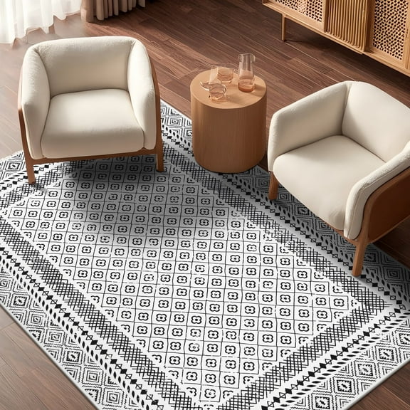 MeyJey 4'x6' Boho Floral Area Rug, Machine Washable Vintage Throw Rug, Non-Slip Stain Resistant Oriental Traditional Carpet for Living Room Bedroom Dining Room Office, White/Black