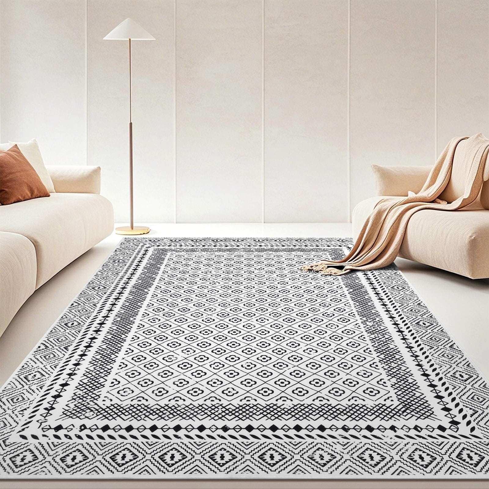 MeyJey 9'x12' Boho Floral Large Area Rug, Machine Washable Vintage Throw Rug, Non-Slip Stain Resistant Oriental Traditional Carpet for Living Room Bedroom Dining Room Office, White/Black