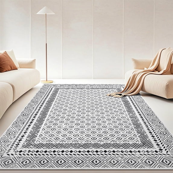 MeyJey 9'x12' Boho Floral Large Area Rug, Machine Washable Vintage Throw Rug, Non-Slip Stain Resistant Oriental Traditional Carpet for Living Room Bedroom Dining Room Office, White/Black