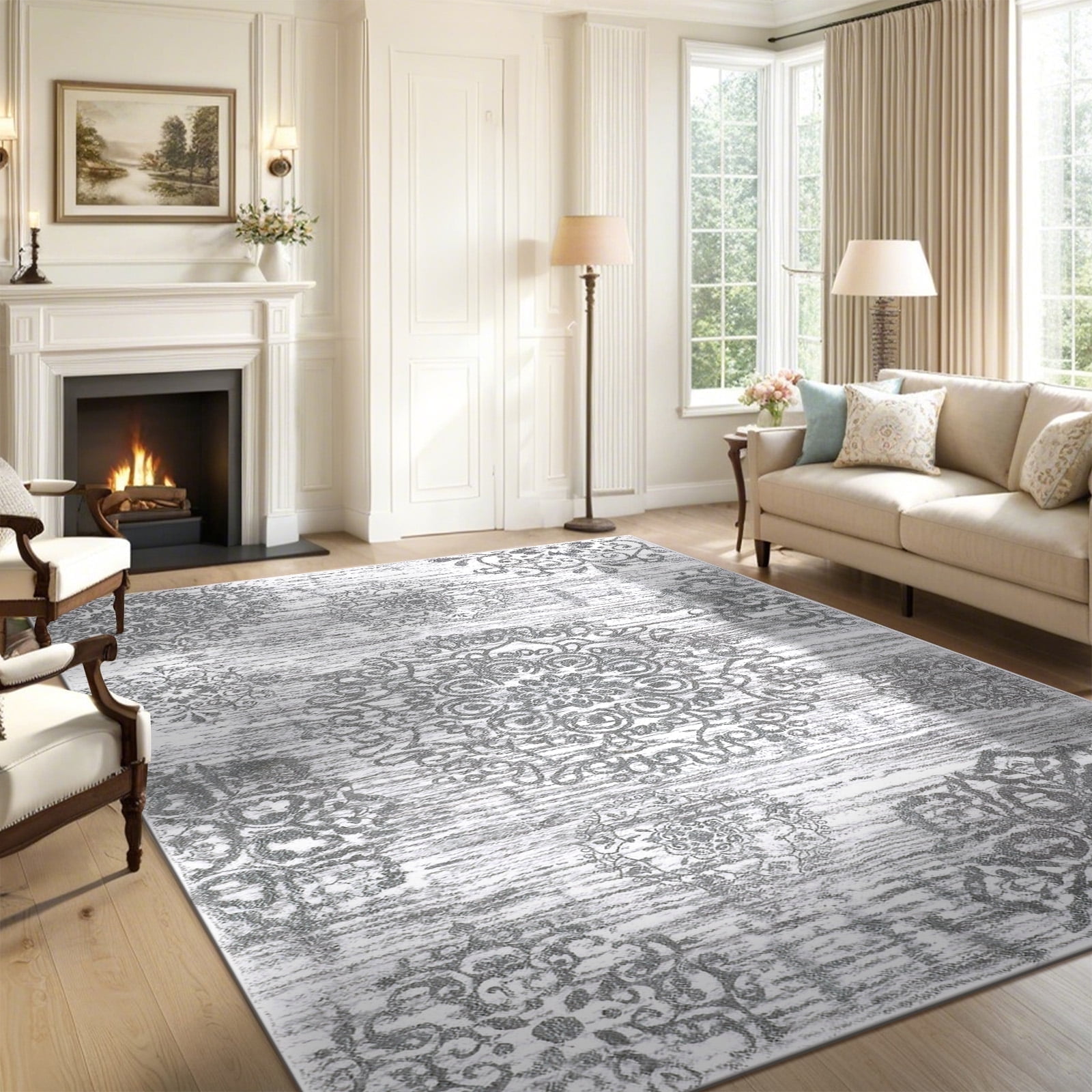 Light Gray 9' x 12' Tufted Oriental Cotton Area Rug
