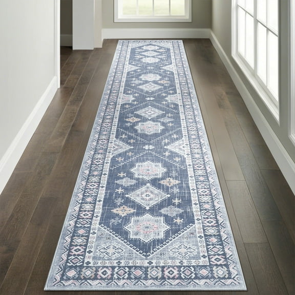 MeyJey 2'x10' Oriental Vintage Runner Rug for Hallways, Non-Slip Machine Washable Area Rug for Bedroom/Living/Dining/Laundry Room Carpet, Gray/Blue/Navy