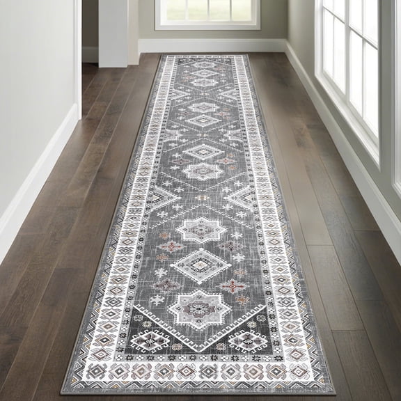 MeyJey 2'x10' Oriental Vintage Runner Rug for Hallways, Non-Slip Machine Washable Area Rug for Bedroom/Living/Dining/Laundry Room Carpet, Gray/Brown
