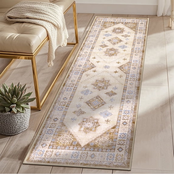 MeyJey 2'x6' Oriental Vintage Runner Rug for Hallways, Non-Slip Machine Washable Area Rug for Bedroom/Living/Dining/Laundry Room Carpet, Beige/Brown