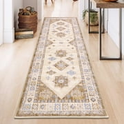 MeyJey 2'x6' Runner Rug for Hallways, Non Slip Entryway Mat with Rubber Backing Washable Oriental Vintage Rug for Entryway Kitchen Bedroom Laundry, Beige/Brown