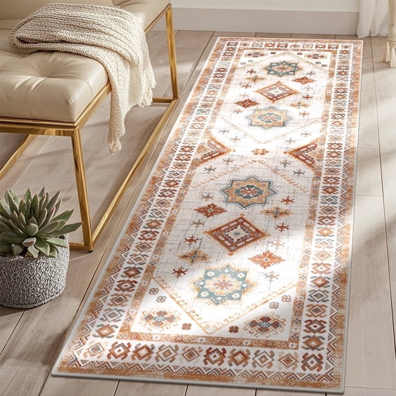 MeyJey 2'x6' Oriental Vintage Runner Rug for Hallways, Non-Slip Machine Washable Area Rug for Bedroom/Living/Dining/Laundry Room Carpet, Beige/Orange