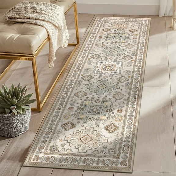 MeyJey 2'x6' Oriental Vintage Runner Rug for Hallways, Non-Slip Machine Washable Area Rug for Bedroom/Living/Dining/Laundry Room Carpet, Beige