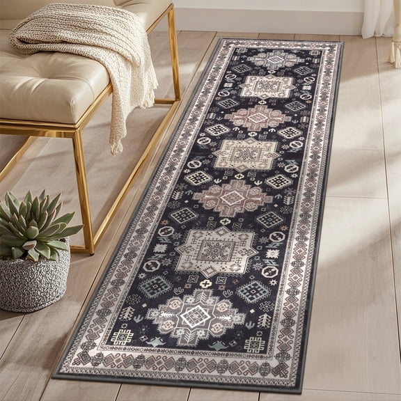 MeyJey 2'x6' Oriental Vintage Runner Rug for Hallways, Non-Slip Machine Washable Area Rug for Bedroom/Living/Dining/Laundry Room Carpet, Black