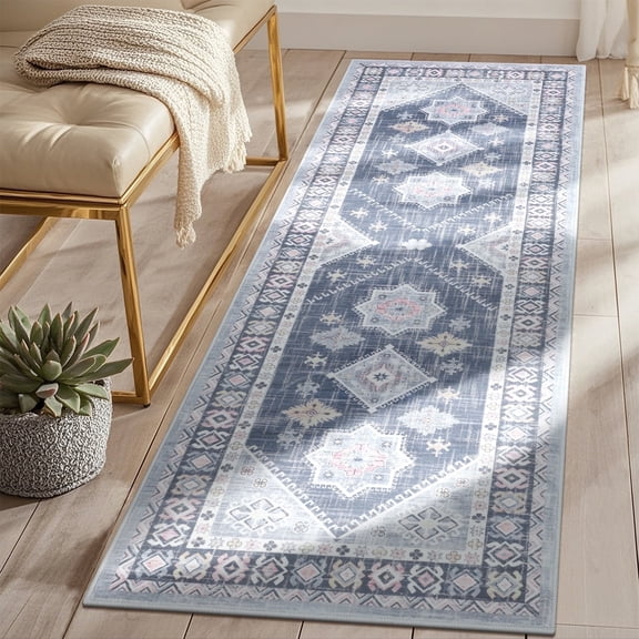 MeyJey 2'x6' Oriental Vintage Runner Rug for Hallways, Non-Slip Machine Washable Area Rug for Bedroom/Living/Dining/Laundry Room Carpet, Gray/Blue/Navy