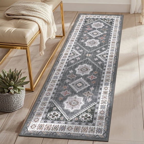 MeyJey 2'x6' Oriental Vintage Runner Rug for Hallways, Non-Slip Machine Washable Area Rug for Bedroom/Living/Dining/Laundry Room Carpet, Gray/Brown