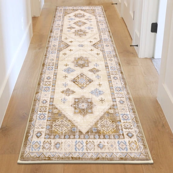 MeyJey 2'x8' Runner Rug for Hallways, Non Slip Entryway Mat with Rubber Backing Washable Oriental Vintage Rug for Entryway Kitchen Bedroom Laundry, Beige/Brown