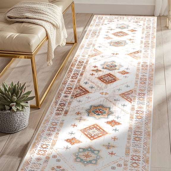 MeyJey 2'x8' Oriental Vintage Runner Rug for Hallways, Non-Slip Machine Washable Area Rug for Bedroom/Living/Dining/Laundry Room Carpet, Beige/Orange