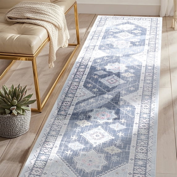 MeyJey 2'x8' Oriental Vintage Runner Rug for Hallways, Non-Slip Machine Washable Area Rug for Bedroom/Living/Dining/Laundry Room Carpetm, Gray/Blue/Navy