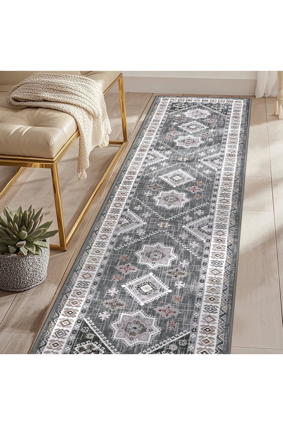 2'x8' Oriental Vintage Runner Rug for Hallways, Non-Slip Machine Washable Area Rug for Bedroom/Living/Dining/Laundry Room Carpet, Gray/Brown