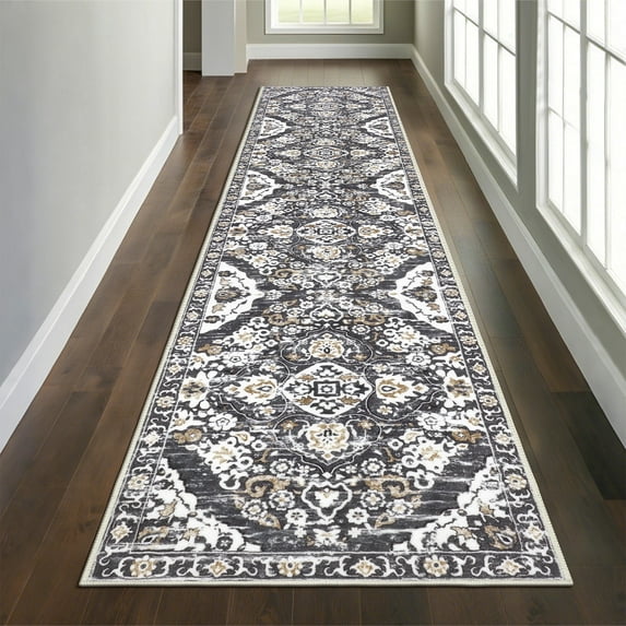 MeyJey Boho Indoor Hallway Runner Rug 2.6'x12', Oriental Non Slip Machine Washable Area Rug Distressed Vintage Floor Carpet for Bedroom Kitchen Dinning/Living/Laundry Room, Gray/Brown