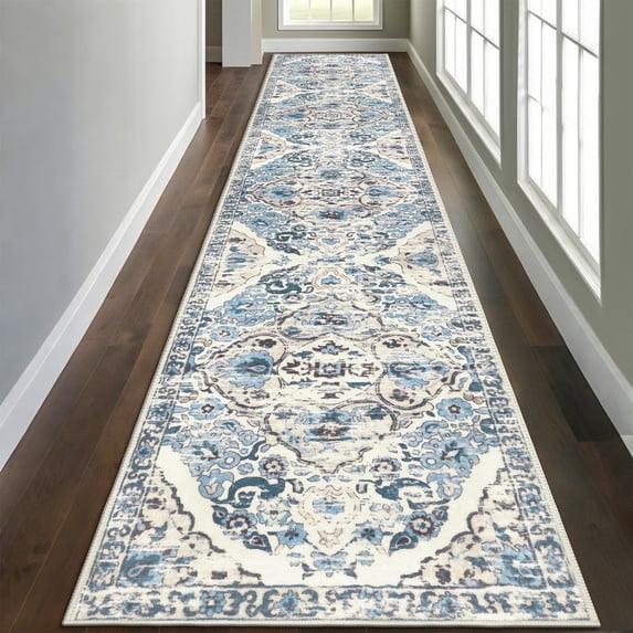 MeyJey 3'x14' Boho Runner Rug for Hallway, Oriental Non Slip Machine Washable Area Rug Distressed Vintage Floor Carpet for Laundry Bedroom Dinning Living Room, Blue/Beige