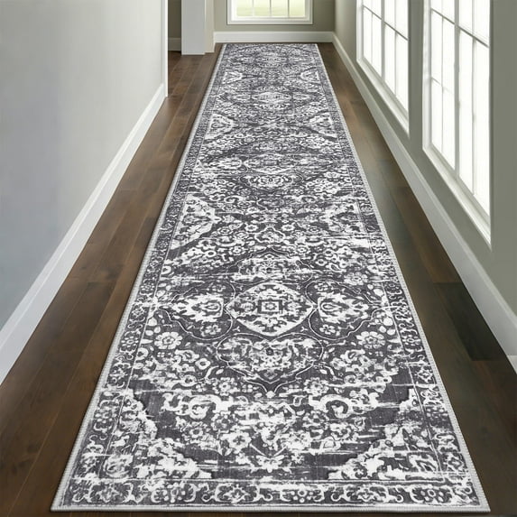 MeyJey Boho Indoor Hallway Runner Rug 2.6'x14', Oriental Non Slip Machine Washable Area Rug Distressed Vintage Floor Carpet for Bedroom Kitchen Dinning/Living/Laundry Room, Gray